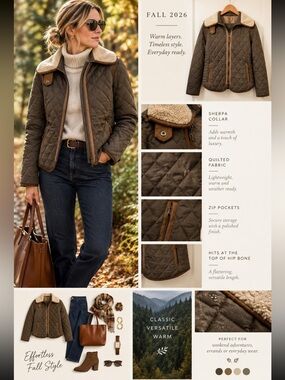 Quilted Barn Coat with Cream Shearling Collar